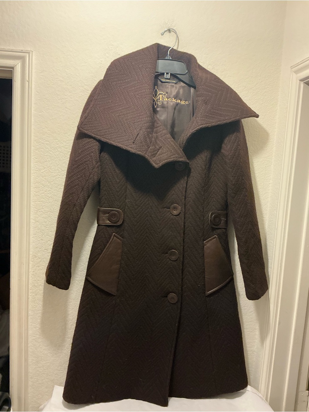 Mackage dark brown asymmetrical zip trench coat Wool with herringbone pattern S